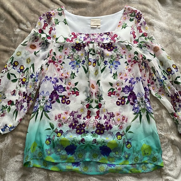 Anthropologie Vanessa Virginia 100% silk floral ombre blouse top tunic Sz 10 - Picture 4 of 11